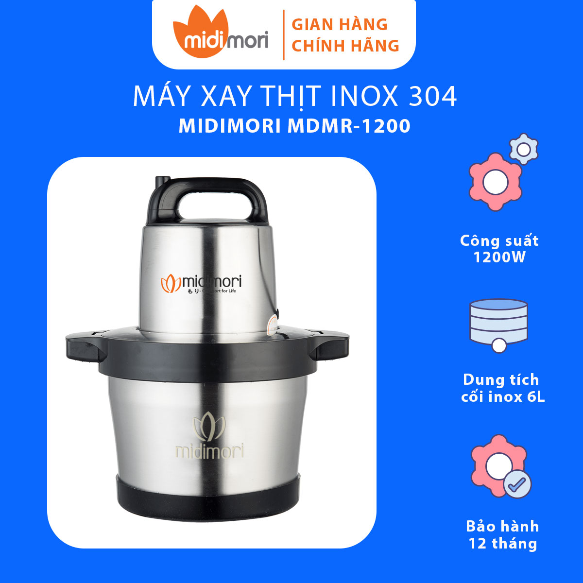 Máy Xay Thịt Inox Làm Giò Chả, Xay Cua, Xay Cá Midimori MDMR-1200 – Hàng chính hãng