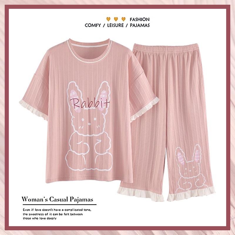 Bộ Mặc Nhà Pyjama Lửng Cộc Tay Cổ Tròn Cotton Co Dãn Mềm Mại