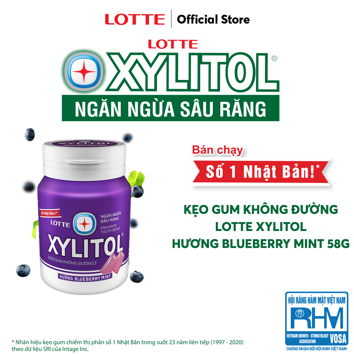 Combo 6 Kẹo Gum không đường Lotte Xylitol - Hương Blueberry Mint 55.1 g