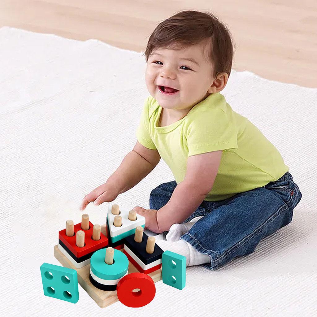 Wooden Shape Matching Stacking Toys Blocks Sensory Learning Toys for Kids A
