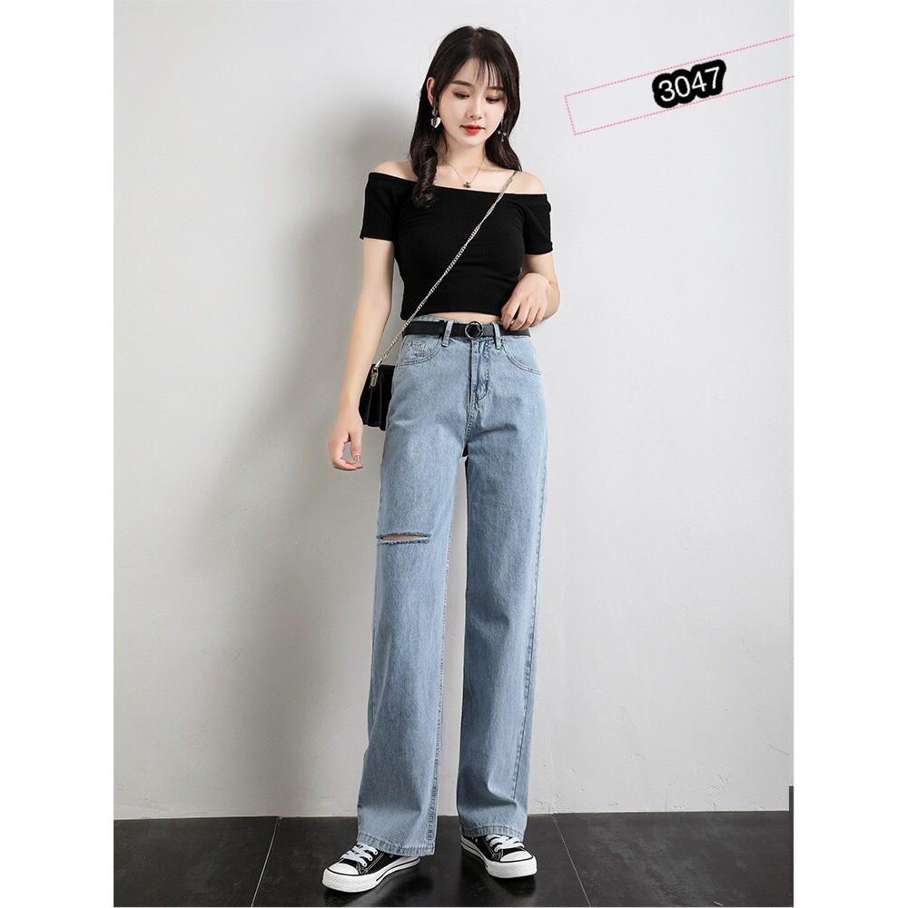 QUẦN JEAN DÀI ỐNG RỘNG LƯNG CAO RÁCH - QUẦN BÒ NỮ CULOTTES SUÔNG N - T 36