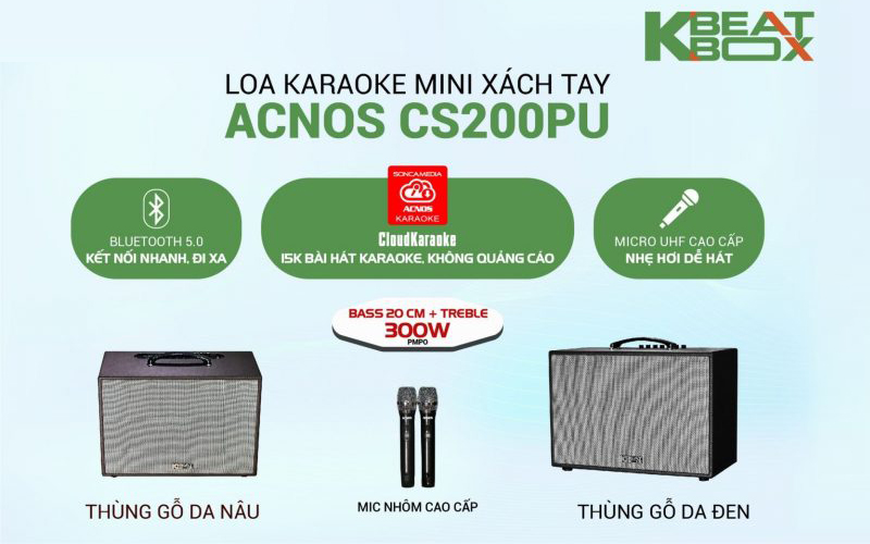 Loa kéo xách tay ACNOS KBEATBOX CS200PU - Bass 2 tấc, công suất 300W - Dàn karaoke di động tiện lợi - Hát karaoke không cần mạng - Kết nối bluetooth 5.0, USB - Thiết kế sang trọng, tiện lợi - Kèm 2 micro không dây UHF cao cấp - Hàng chính hãng