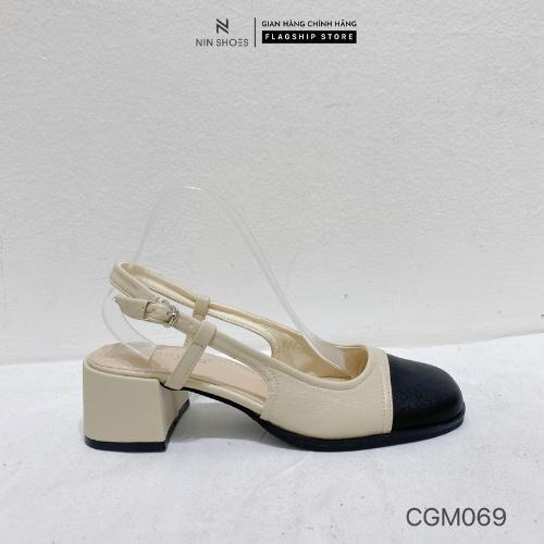 Giày cao gót Ninshoes - Cao gót Mary jane 3P đé vuông mũi tròn viền dưới pha 2 màu quai ngang cài