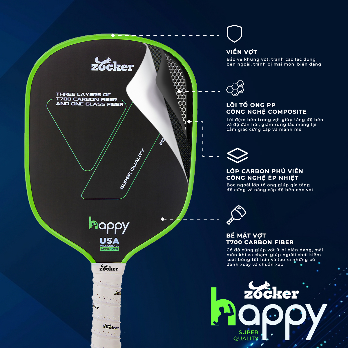 Vợt Pickleball Zocker Happy HP2 Super Quality