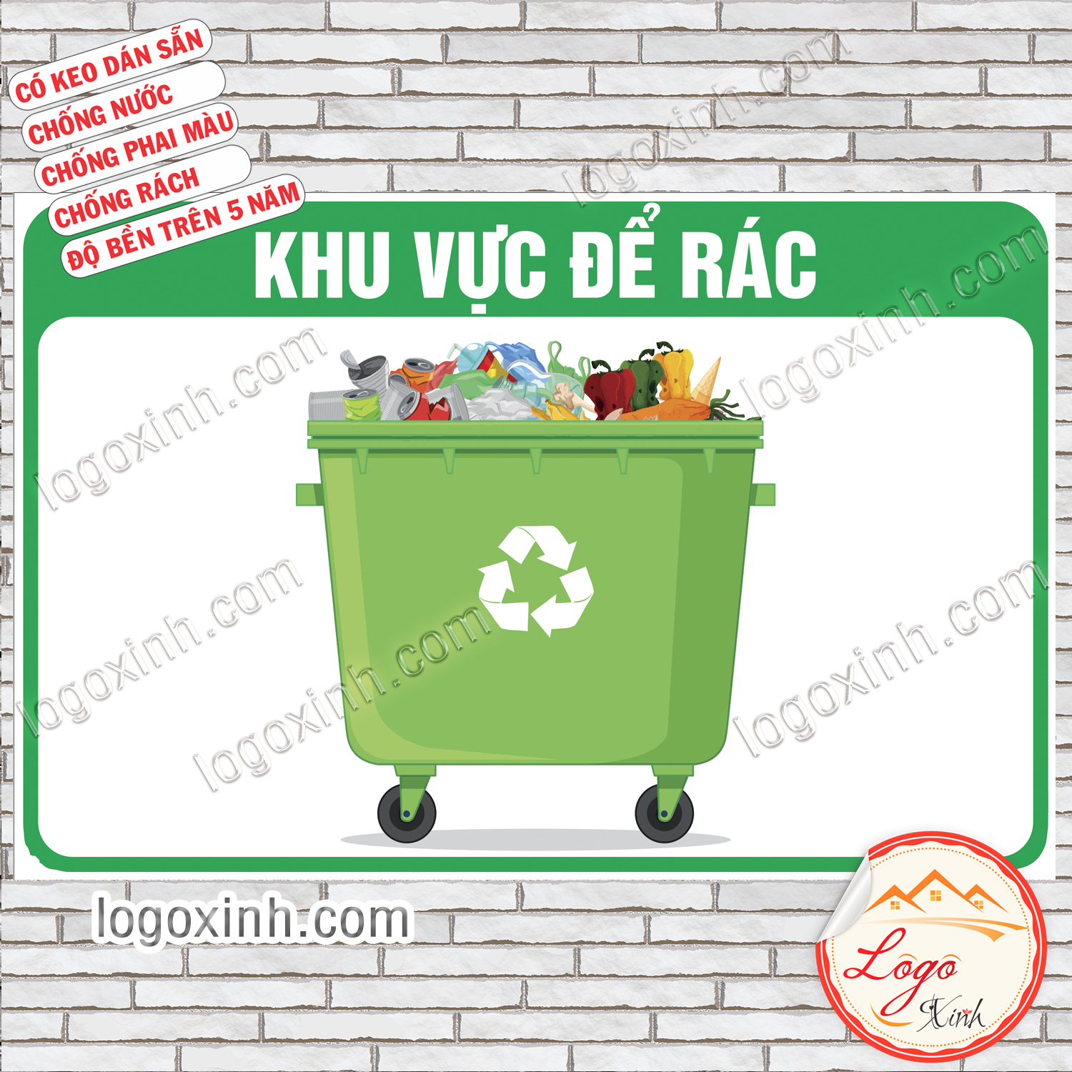 Logo Tem Sticker Khu Vực Để Rác Thải, Thông Báo Vị Trí Để Thùng Rác, Chất Liệu Decal Dán Sẵn Chống Nước Tuyệt Đối