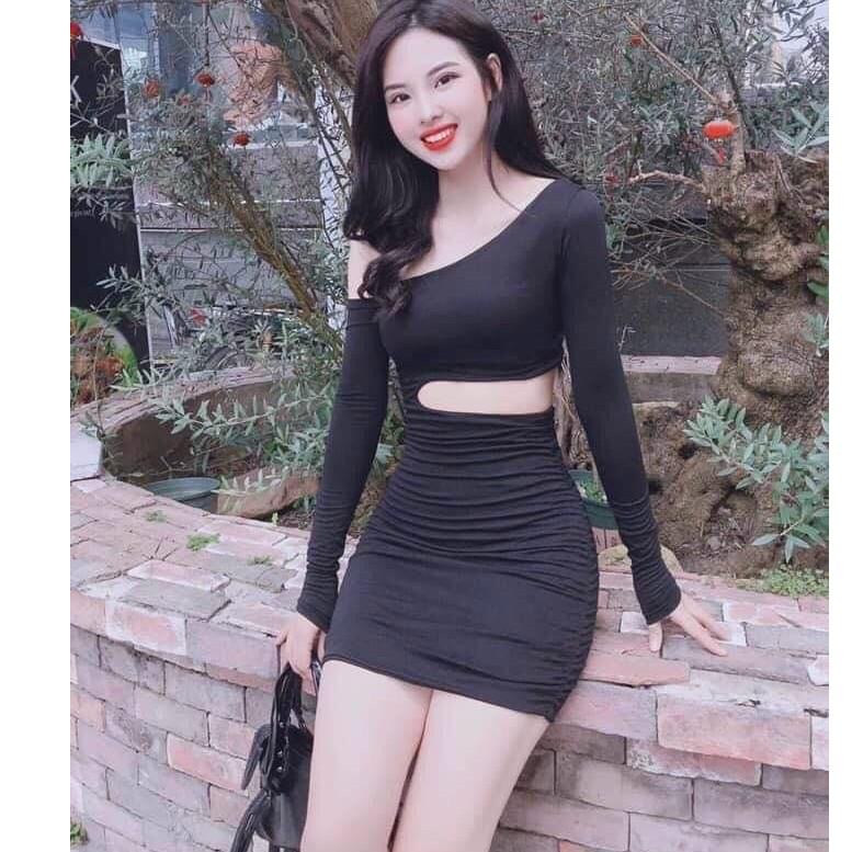 Váy đầm nữ body tay dài lệch vai khoét eo HT01 AM