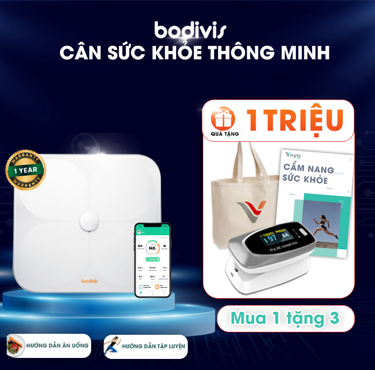 Cân Sức Khỏe Có Hướng Dẫn Tập Luyện, Ăn Uống, Thông Minh, Đo 21 Chỉ Số Cơ Thể, Cao Cấp Chuẩn Fda - Bodivis Chính Hãng
