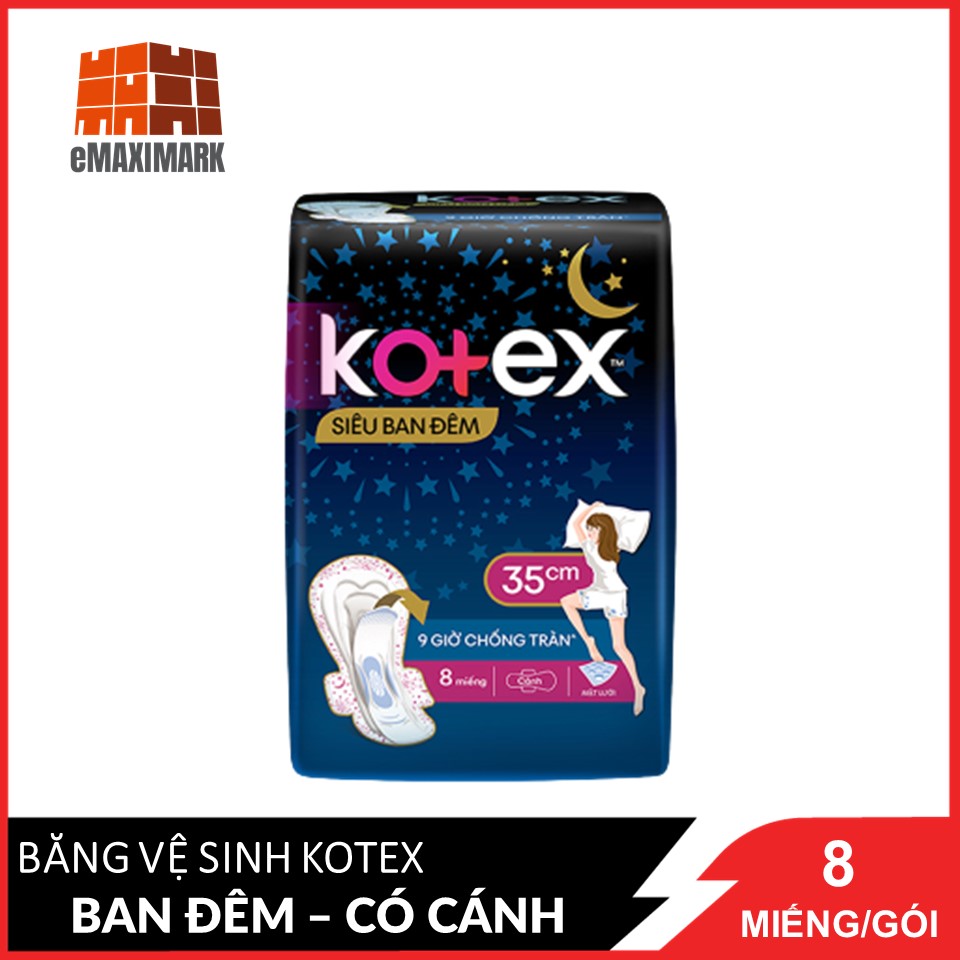 Băng Vệ Sinh Có Cánh 35cm Kotex Siêu Ban Đêm 9 Giờ Chống Tràn 8 miếng