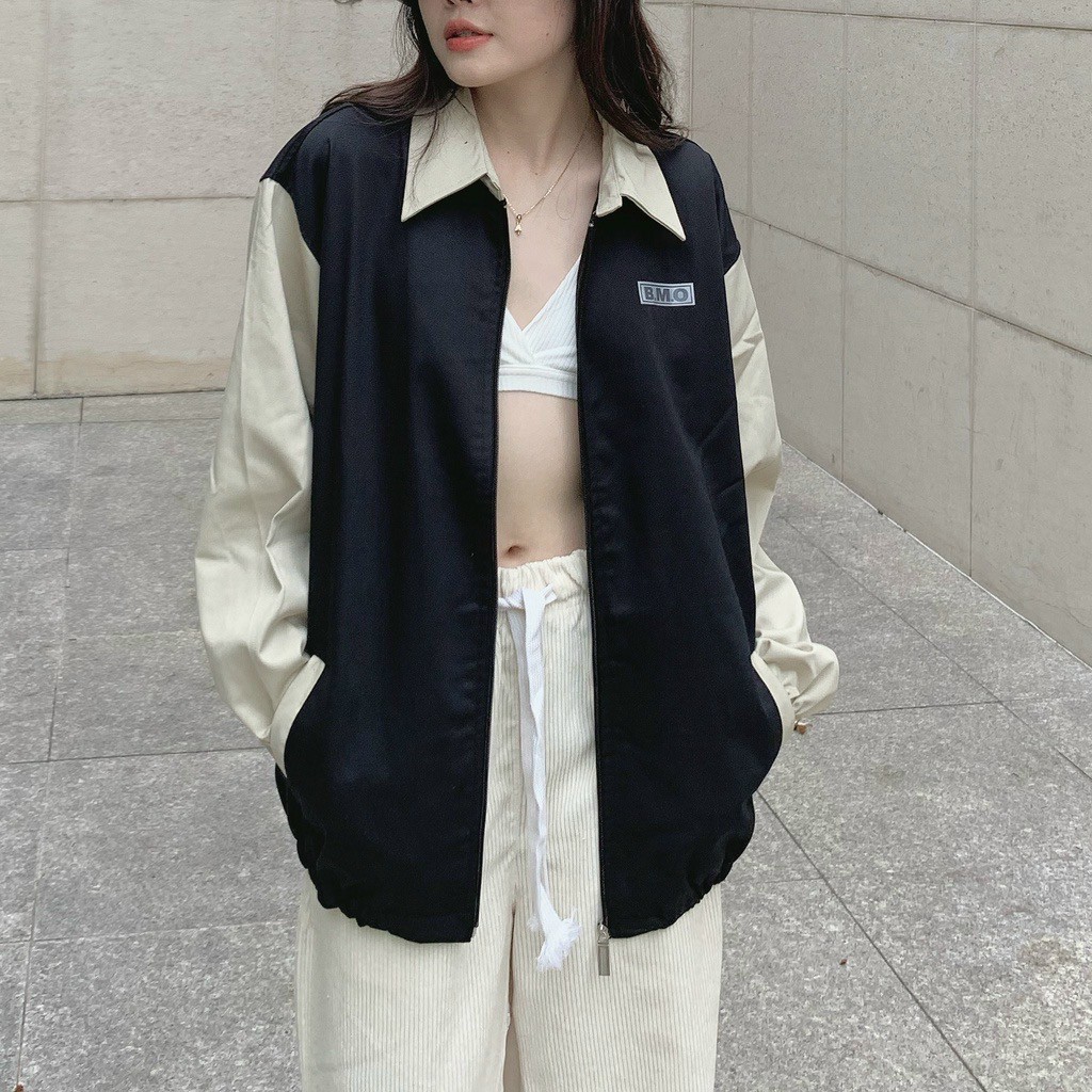 Áo Khoác Kaki Jean  Kiểu Sơ Mi Khóa Zip - Unisex Quốc Dân Thêu Chữ BMO Cổ Bẻ Tay Phối -Rẻ Đẹp - Nam Nữ Cặp Đôi Học Sinh