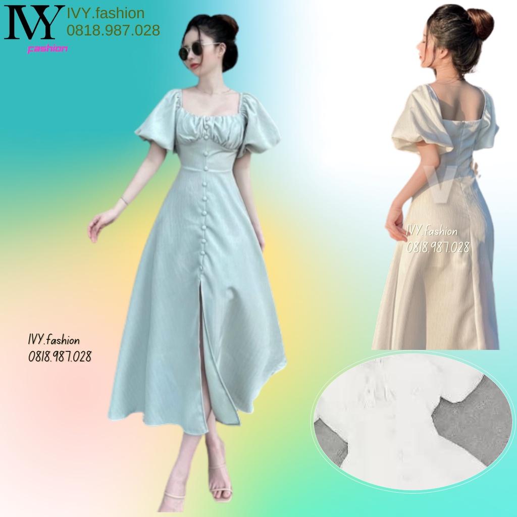 Đầm midi cổ vuông  cotton cát thái tay phồng nút bọc ivy.fashion đi biển dự tiệc dạo phố bigsize xếp ly ngực xẻ tà