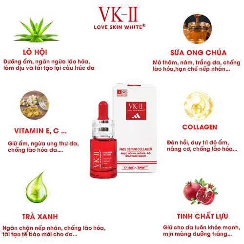 Tinh chất dưỡng phục hồi da mỏng đỏ, dị ứng VK-II Love Skin White Face Serum Collagen 15ml