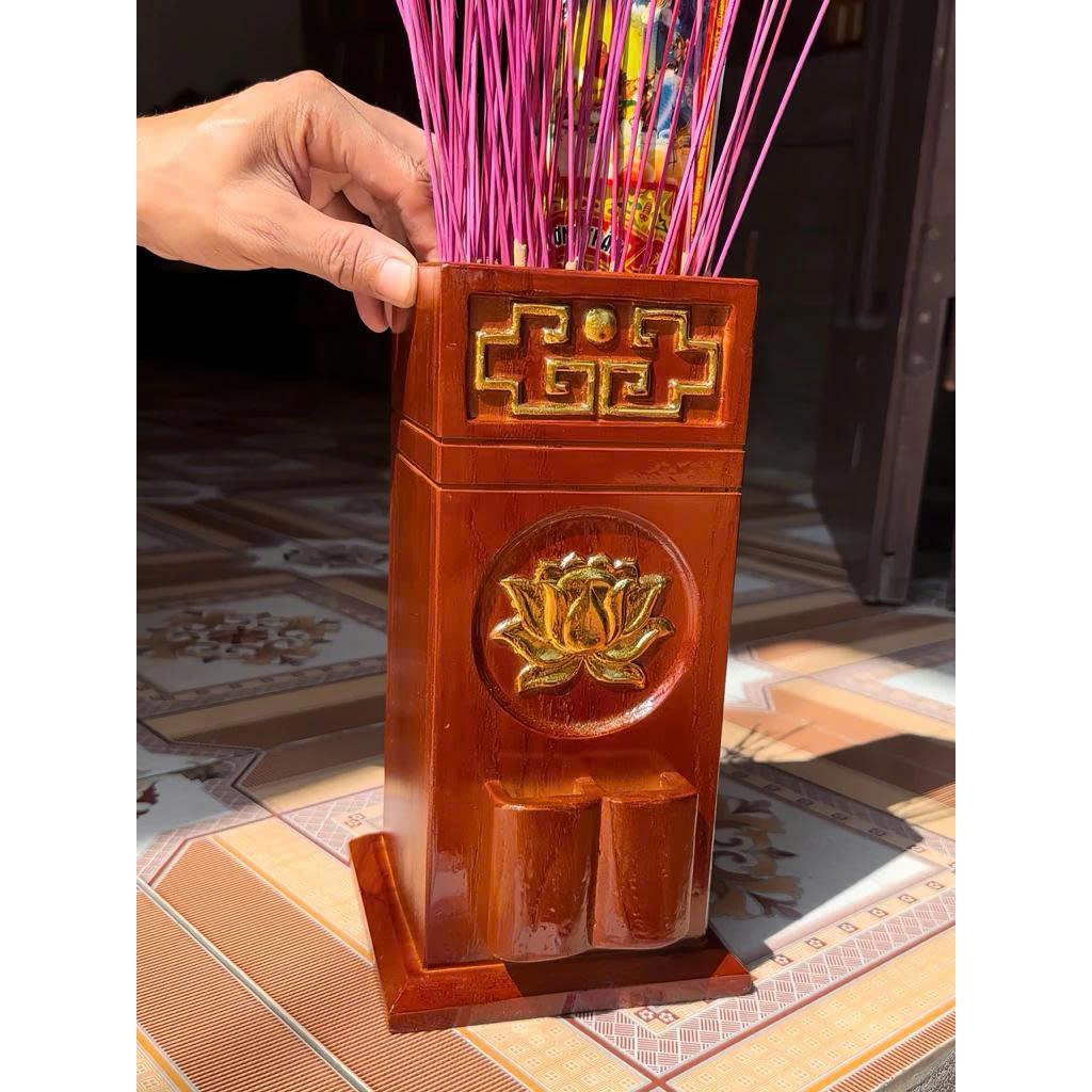 Ống đựng nhang bằng gỗ Hoa Sen Dát Vàng có khe để hộp quẹt bật lửa siêu tiện lợi
