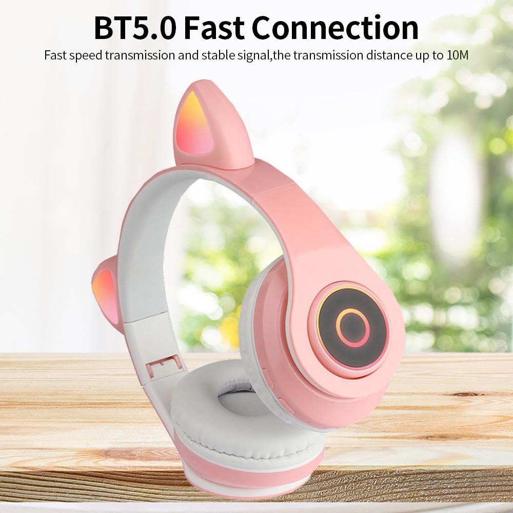 Tai nghe tai mèo dễ thương chơi game có thể gập lại BT5.0 với đèn Flash RGB TF Card Play / Chế độ có dây B39