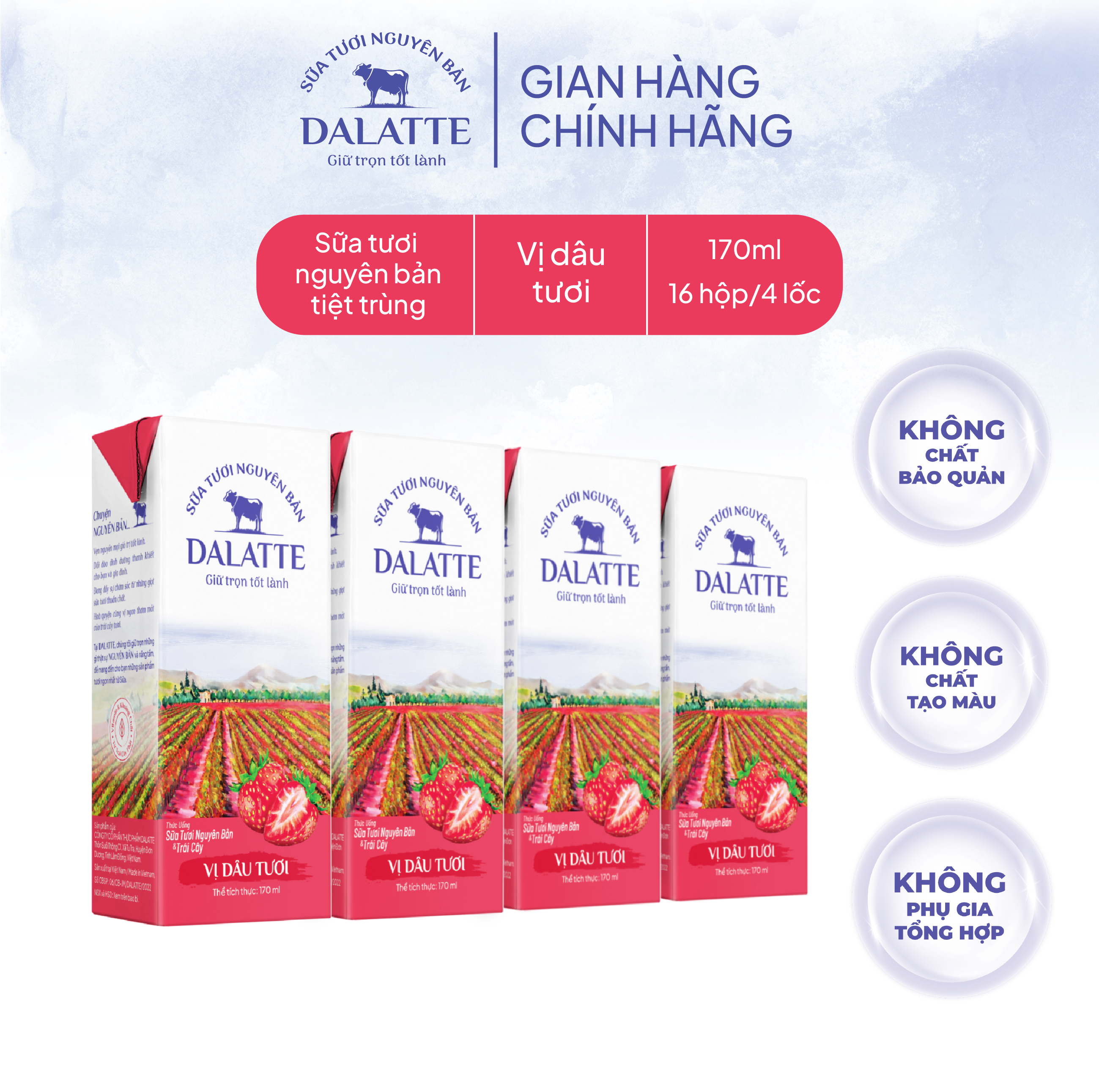 Combo 4 Lốc (16 hộp) - DALATTE 170ml SỮA TƯƠI NGUYÊN BẢN tiệt trùng Vị dâu tươi Giữ trọn nguyên bản, trao trọn tốt lành