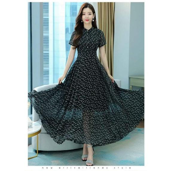 HÀNG NHẬP - ĐẦM MAXI VOAN HOA CỔ TRỤ NỀN ĐEN
