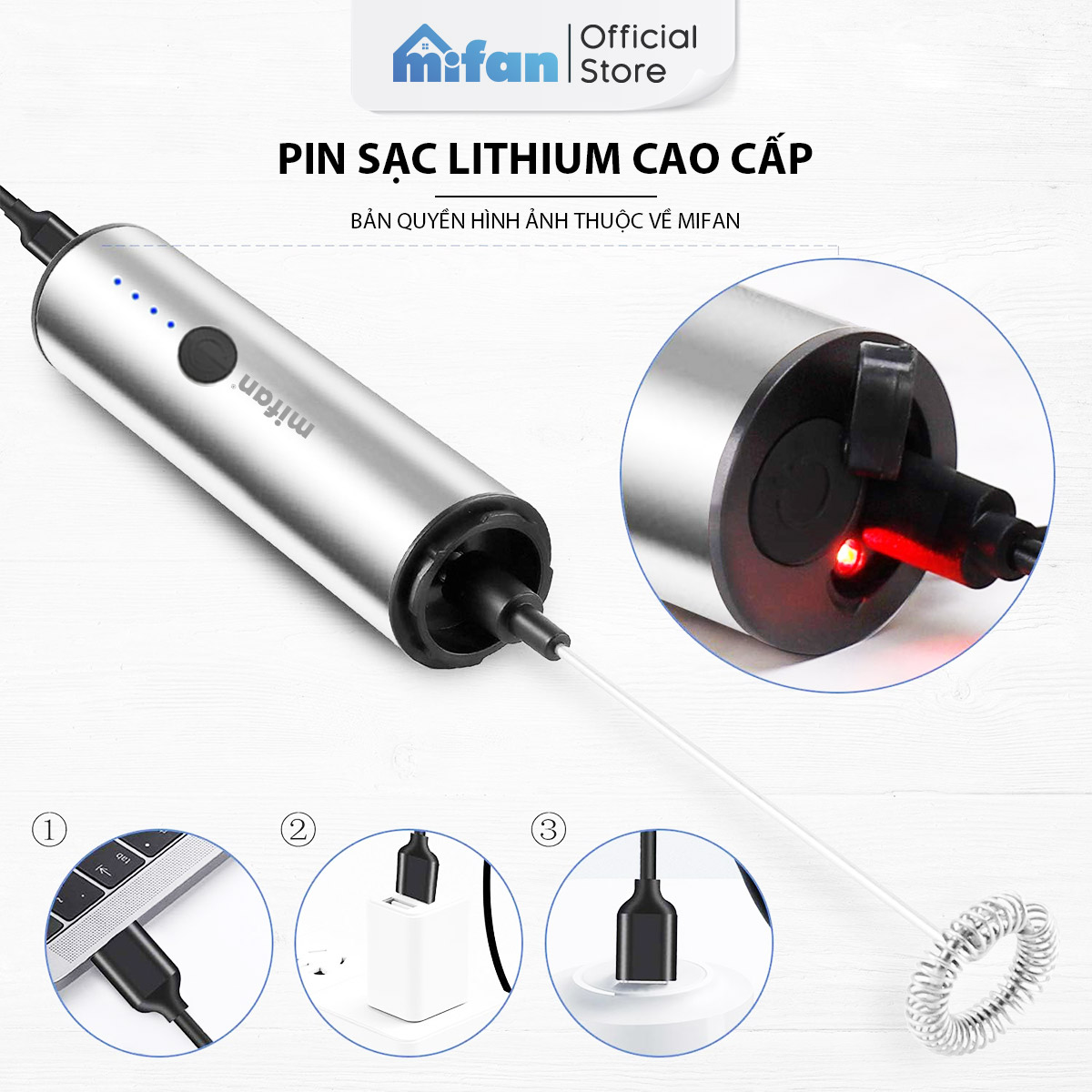 Hình ảnh Máy Đánh Bọt Cà Phê Microfoam Mifan MF1501G - 3 Đầu Đa Năng, Thép không gỉ, Đế sạc USB tiện lợi - Hàng Chính Hãng