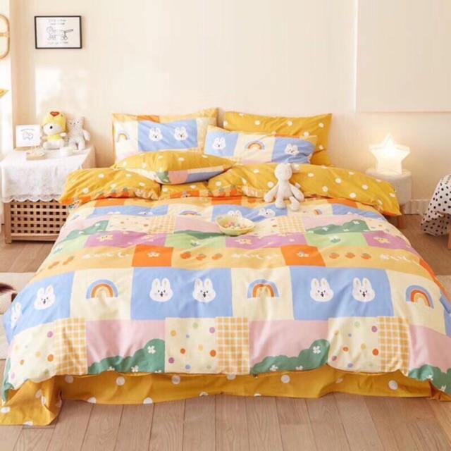 Set Cotton Living Hàn Quốc Hàng Nhập Khẩu Cao Cấp 4 Món Hoa tuylip vàng và thú