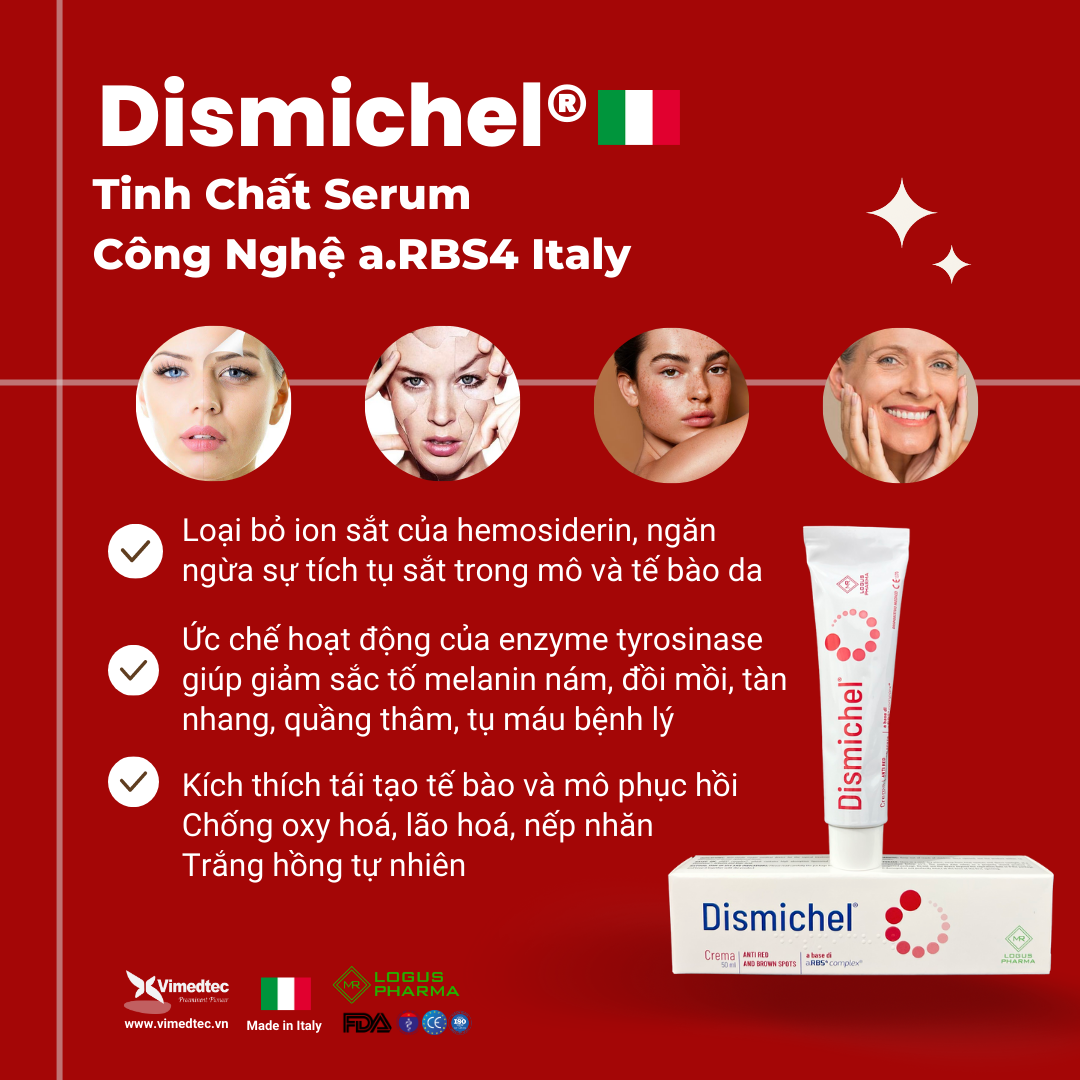 Dismichel Kem Serum Chống Lão Hoá Dưỡng Trắng Đều Màu Da Loạn Tăng Sắc Tố Hemosiderin Và Melanin Nám, Rạm, Tàn Nhang, Đồi Mồi, Quầng Thâm Toàn Thân, Sẹo, Tăng Sinh Tế Bào, Thẩm Thấu Dưỡng Ẩm Sâu. Viêm Da. Phục Hồi Tổn Thương Thẩm Mỹ. Nhập Khẩu Italy