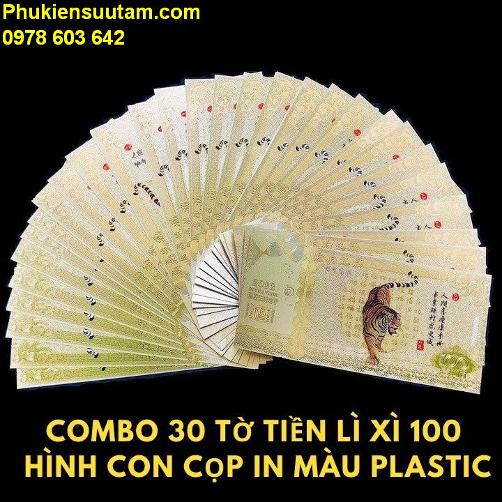 Combo 30 Tờ Tiền lì xì 100 hình con cọp in màu Plastic, Dùng để trang trí trong nhà, LÀM TIỀN LÌ XÌ, kích thước 15.5x7.5cm, màu vàng - TMT Collection - SP005450