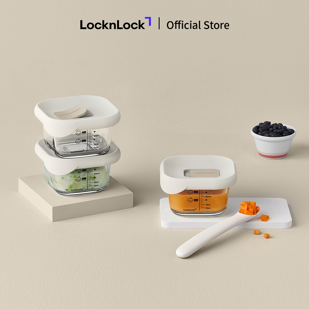 Bộ 3 Hộp Thủy Tinh Đựng Thức Ăn Dặm Cho Bé LocknLock LLG1031S3IVY Có Nắp Silicon, Vạch Chia - Hàng Chính Hãng - JoyMall