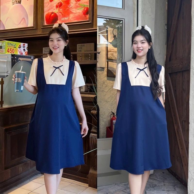 Đầm bầu yếm liền công sở cổ bèo dáng suông chất cotton lạnh mềm mát, bầu diện đi làm đi chơi đều xinh - Nâu