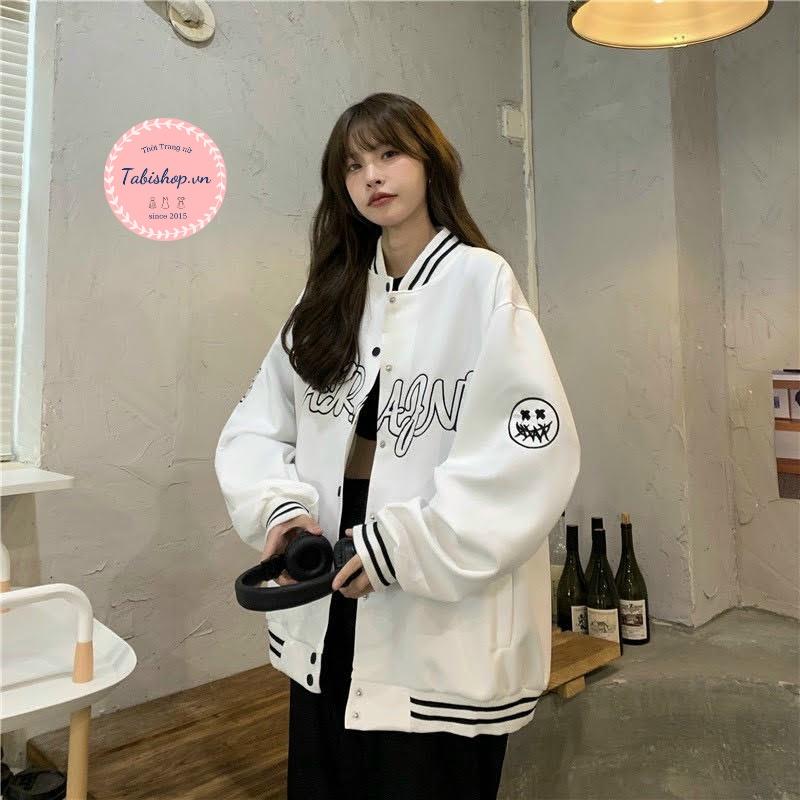 Áo Bomber unisex áo khoác dù nam nữ mặc được, 2 màu Đen Trắng, from to đại, áo khoác dù bóng chày ulzzang phong cách hàn quốc