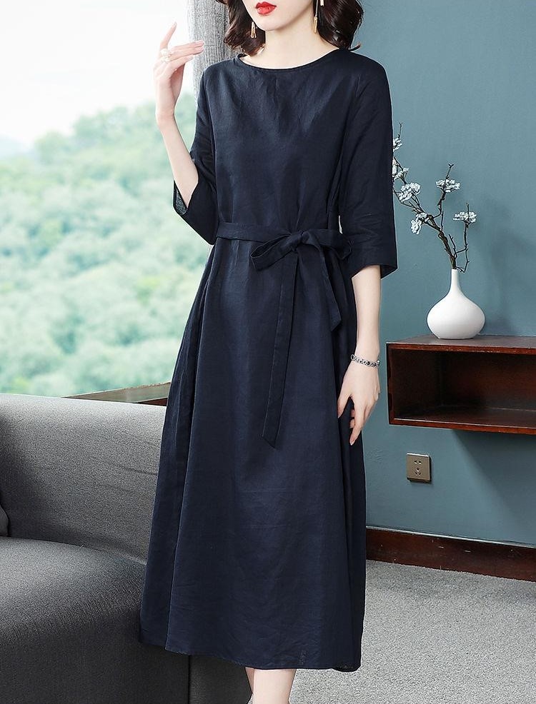 Đầm váy Linen nữ dáng suông thắt eo, tay ngắn cổ tròn,phong cách Hàn Quốc, chất liệu mềm mát Haint Boutique