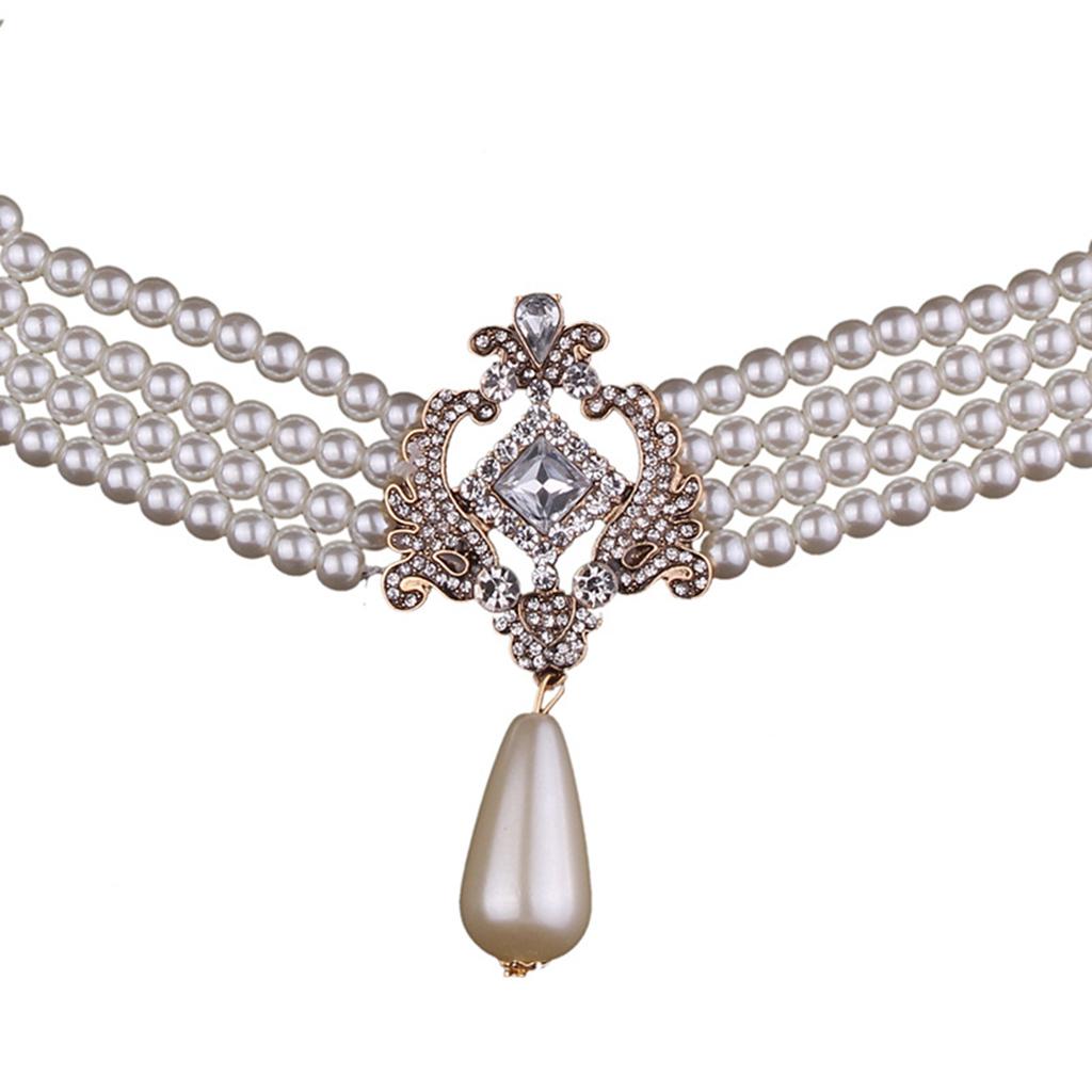 Fashion 4 Strands Pearl Chain Strand Choker Collar Statement Bib Necklace
