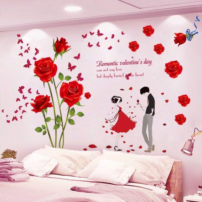 Decal dán tường trang trí phòng ngủ hoa hồng và đôi tình nhân