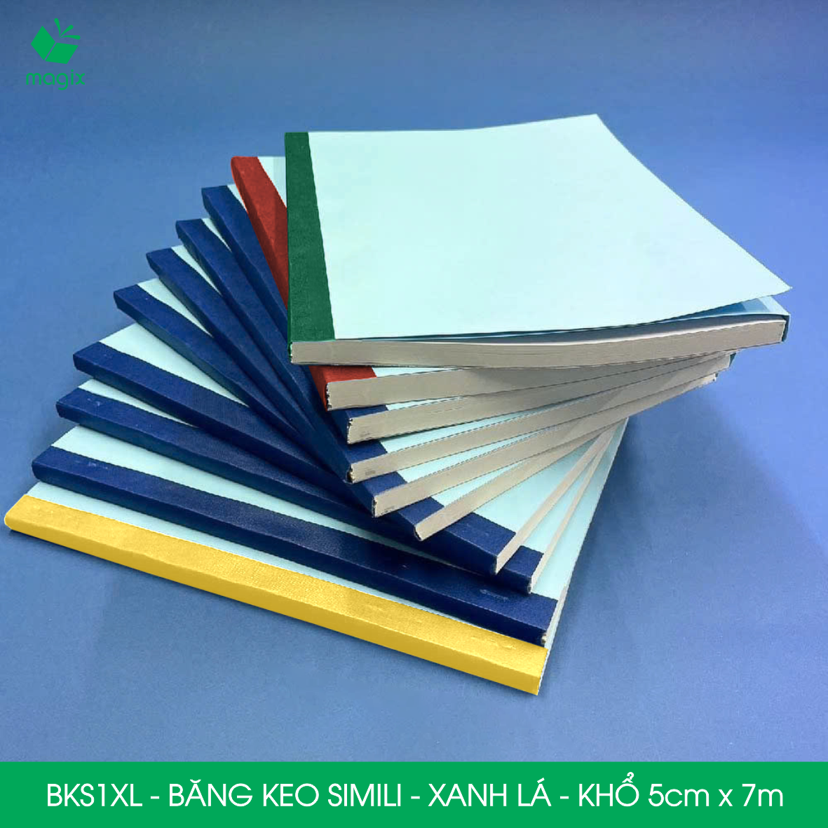 BKS1XL - 3 cuộn băng keo Simili khổ 5cm x 7m - Xanh lá - Băng dính dán gáy sách, đóng cuốn