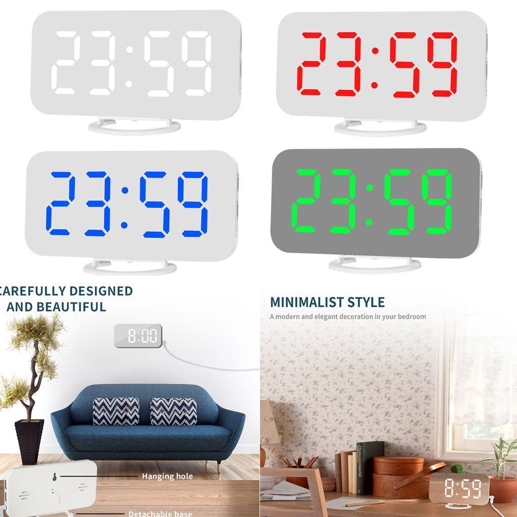 Digital Alarm Clock Portable Mirror Surface Snooze Clock USB Charging White