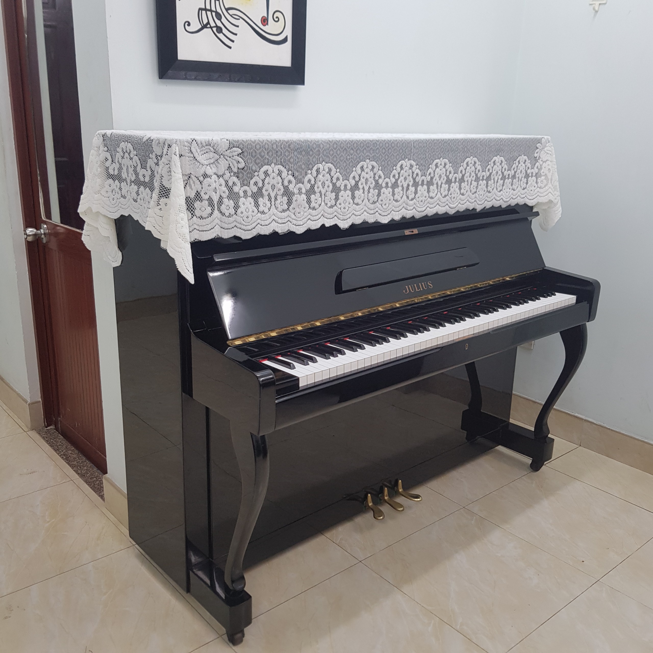 Khăn phủ đàn Piano cơ mẫu ren trắng phối hoa dày đẹp