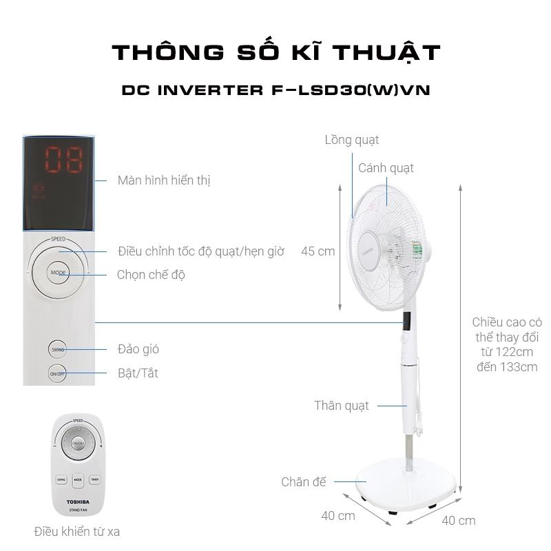 Quạt Đứng Toshiba F-LSD30(W)VN, 9 cánh Động Cơ DC inverter 26 Tốc Độ Gió, Hàng Chính Hãng