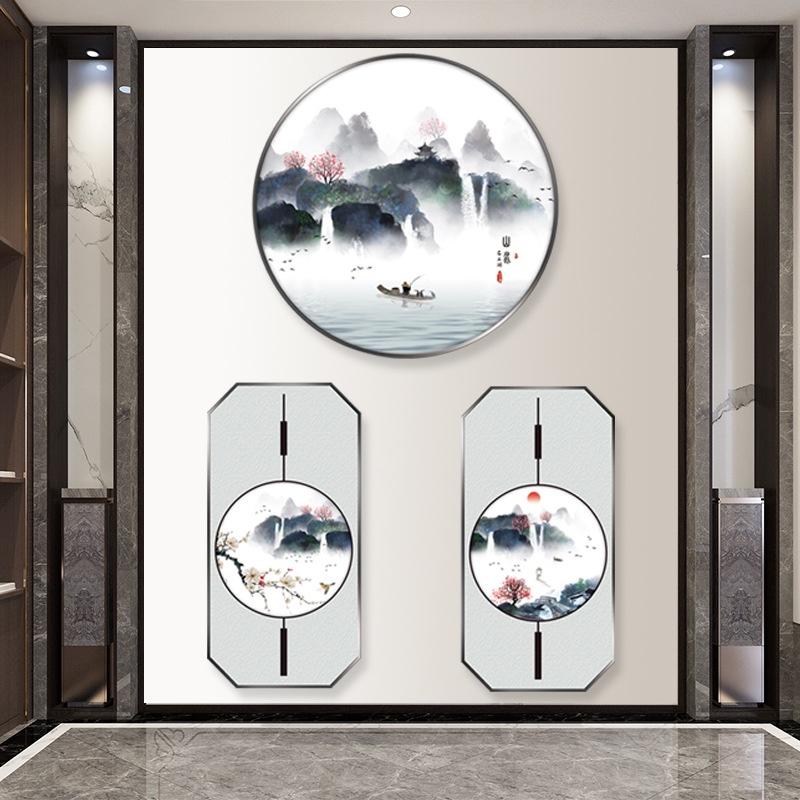 Decal Trang Trí Phòng Khách 3D Tranh Thủy Mặc Sông Núi và Ông Lão Chèo Đò - AmyShop