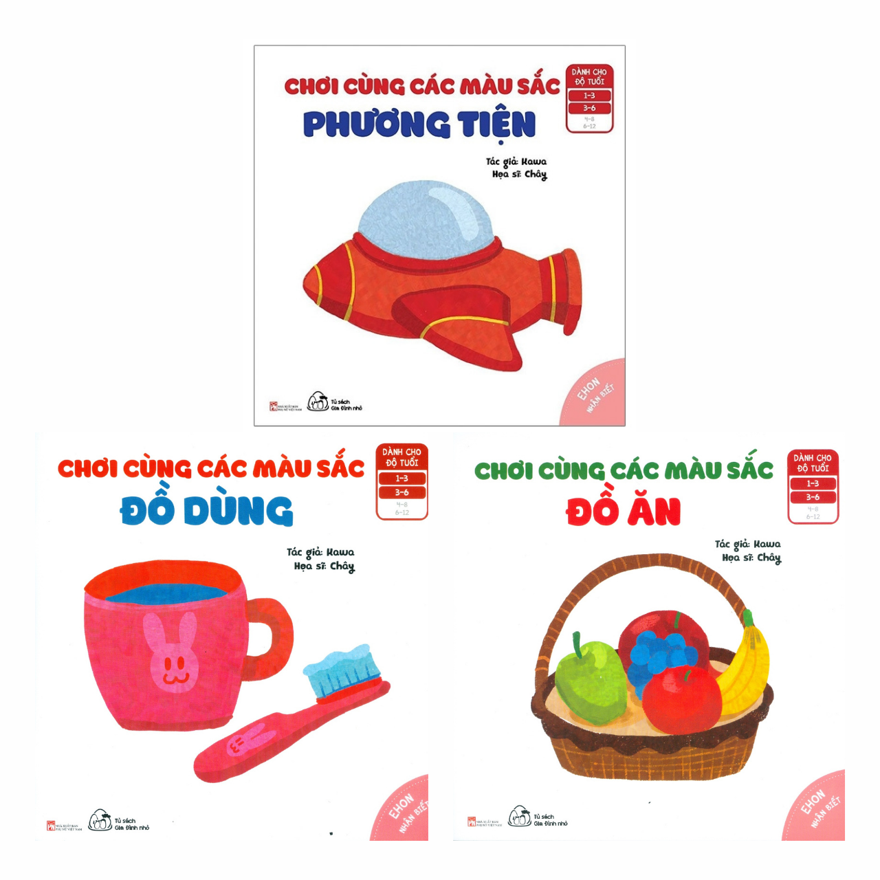 Ehon Nhận Biết - Chơi Cùng Các Màu Sắc (Bé Từ 1-6 Tuổi)- Combo Bộ Sách 3 Quyển - &quot;Phương Tiện&quot;; &quot;Đồ Ăn&quot;; &quot;Đồ Dùng&quot;