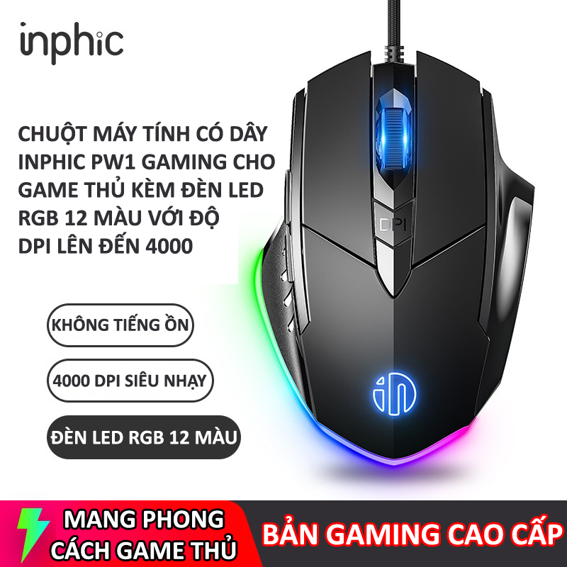 Chuột máy tính có dây INPHIC PW1PRO gaming cho game thủ kèm đèn led RGB 12 màu với độ DPI lên đến 7200DPI - Hàng Chính Hãng