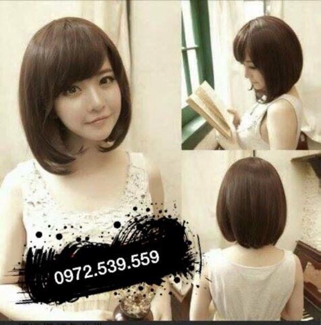 Tóc giả nguyên đầu ngắn mái ngố tặng lược + lưới