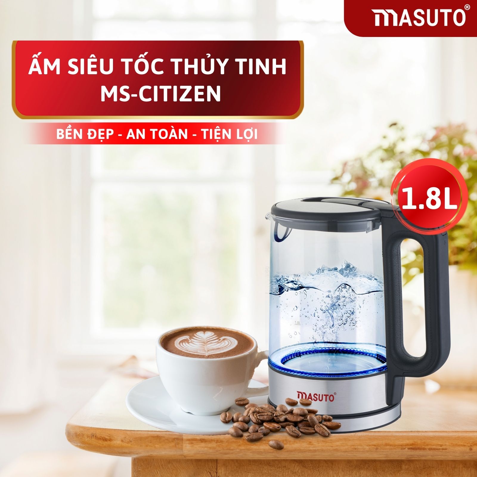 Ấm Siêu Tốc thủy tinh cường lực cao cấp Masuto MS-Citizen18 dung tích 1,8L-HÀNG CHÍNH HÃNG