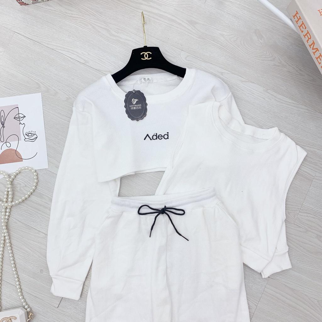 Set đồ đi biển,Sét 3 món áo croptop dài tay phồng kèm 3 lỗ phối quần bom trắng phong cách hiện đại thời trang nữ
