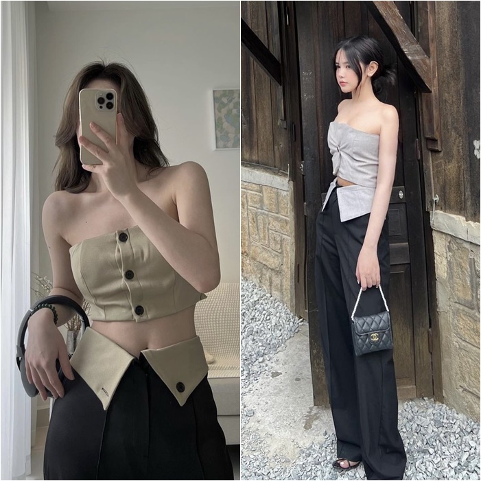 SET QUẦN ỐNG RỘNG LƯNG CAO SUÔNG ĐEN TRƠN DÀI + ÁO ỐNG CROPTOP NÚT CÚP NGỰC DẠO PHỐ ĐI BIỂN ĐI TIỆC