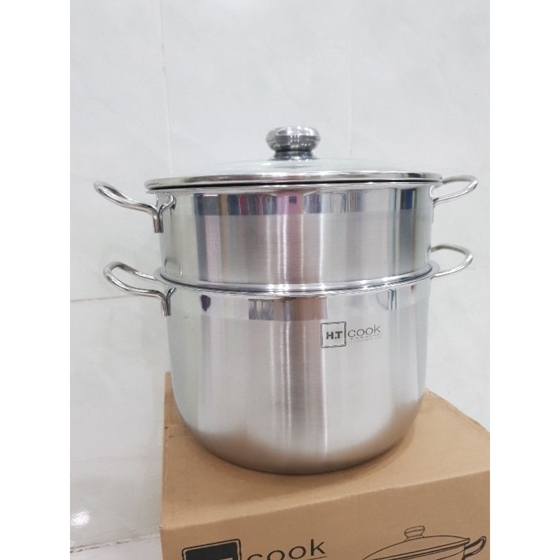 Bộ nồi và xửng hấp inox 430 bếp từ 1 đáy HT COOK 28cm nắp kính dùng được bếp từ - bảo hành 1 tháng luôn