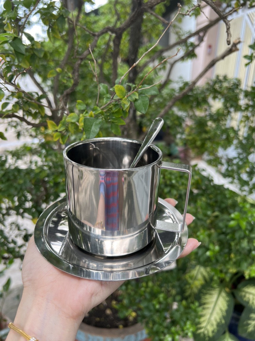 Set ly cà phê kèm muỗng và đĩa bằng inox
