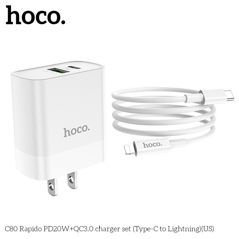 Bộ Sạc Nhanh Dành Cho Hoco. C80 PD20W QC3.0 2 Cổng Type-C + USB-A Kèm Cáp Type-C To IP Dây Dài 1m HÀng Chính Hãng