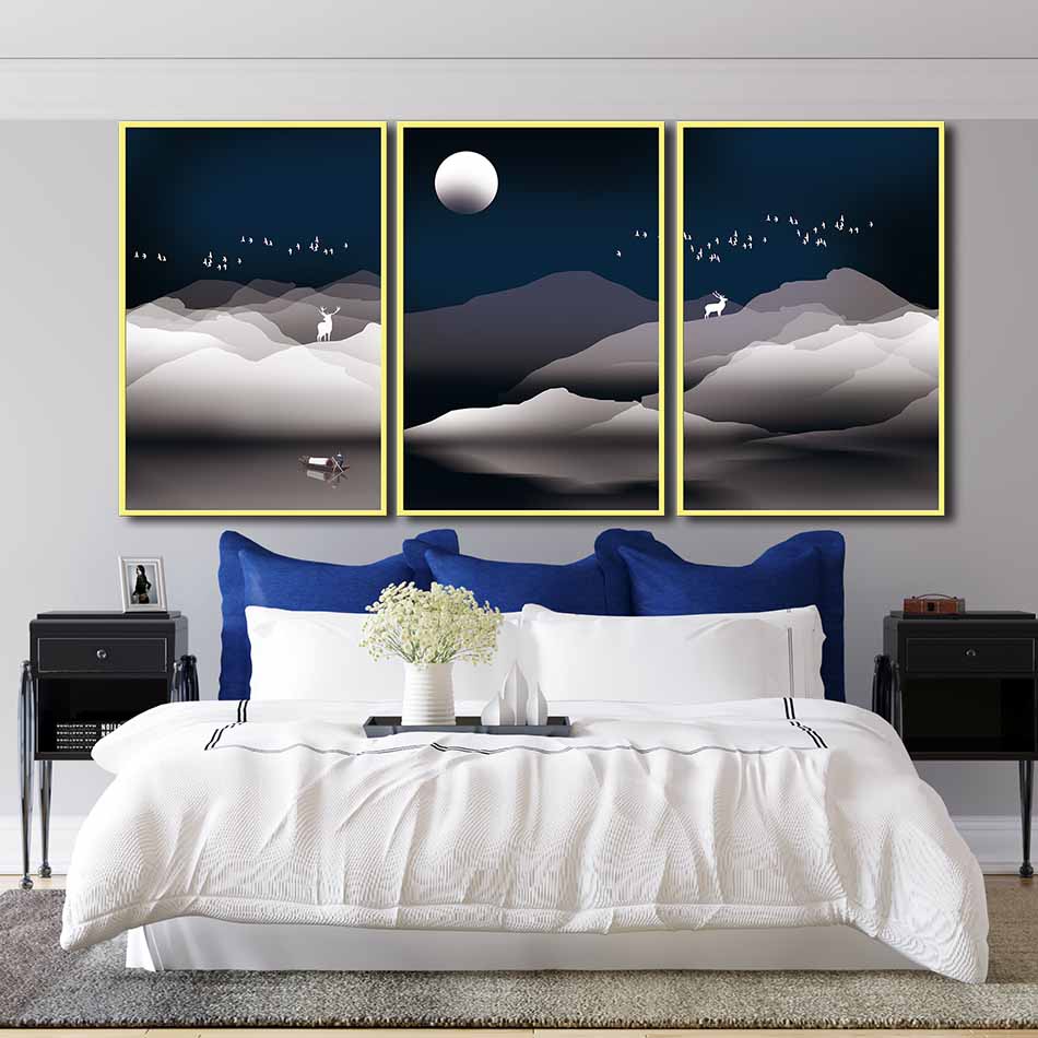 Bộ 3 tranh canvas treo tường Decor họa tiết cách điệu hươu và rừng cây, phong cách đơn giản, tinh tế - DC055