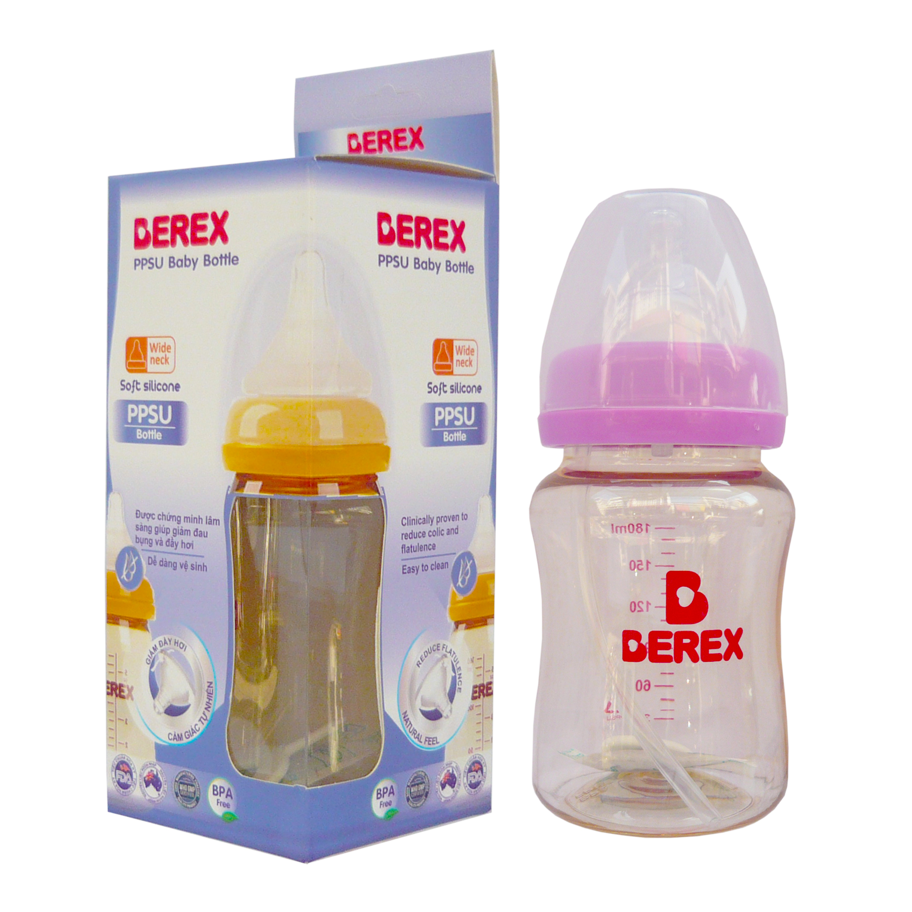 Bình sữa Nhựa PPSU PLUS Berex cổ rộng, chống đầy hơi cho bé từ (180ml)- không Quai màu ngẫu nhiền