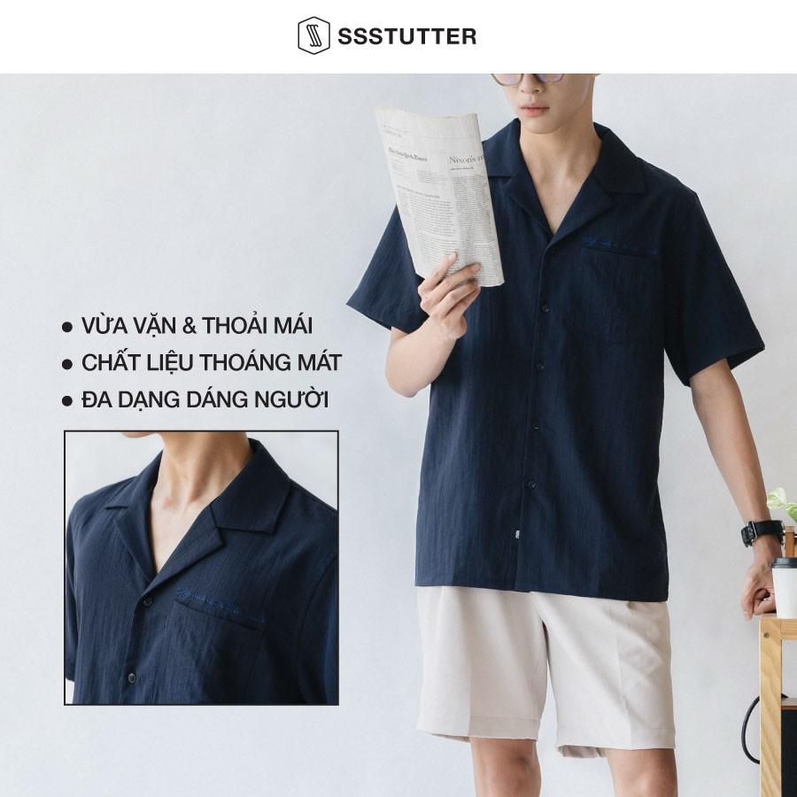 Áo sơ mi nam ngắn tay có túi ngực thêu chữ SSSTUTTER vải linen thoáng mát siêu nhẹ Otc shirt