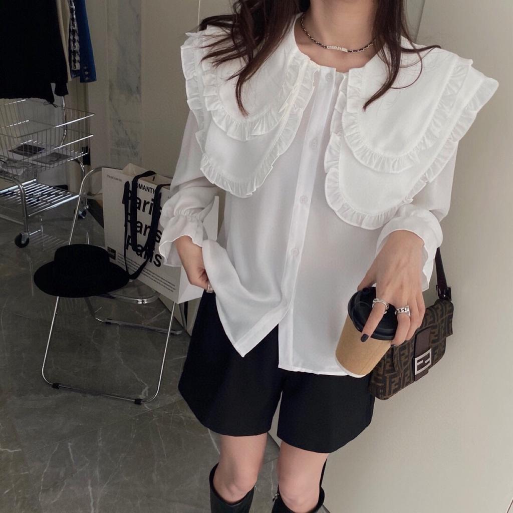 Áo Sơ Mi Trắng Kiểu nữ Công Sở YURITA Dài Tay Bồng Bo Chun From Rộng Cổ Bèo Tầng Tiểu Thư Hàn Quốc UIzzang Vintage