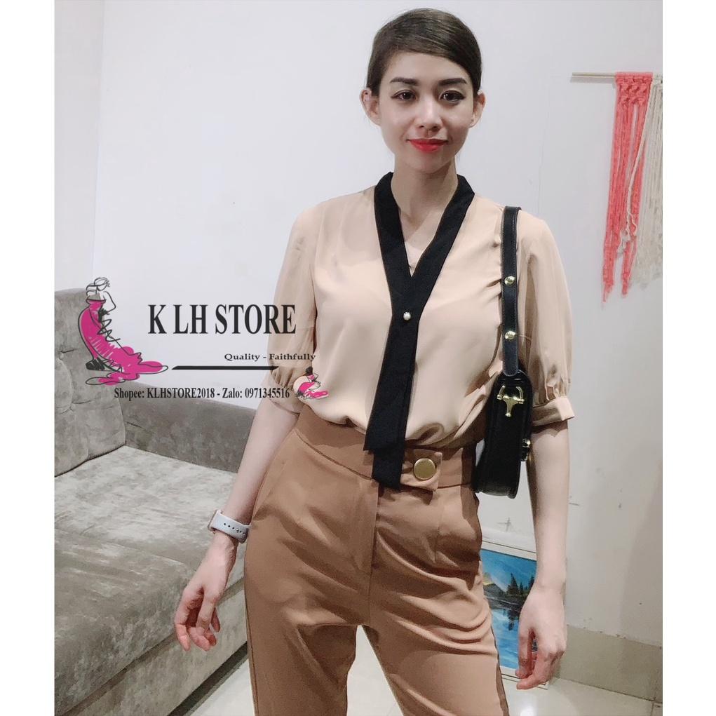 7. KLHSTORE2018 Áo sơ mi nữ màu da/ nude tay ngắn cổ viền đen dây thả đính hạt