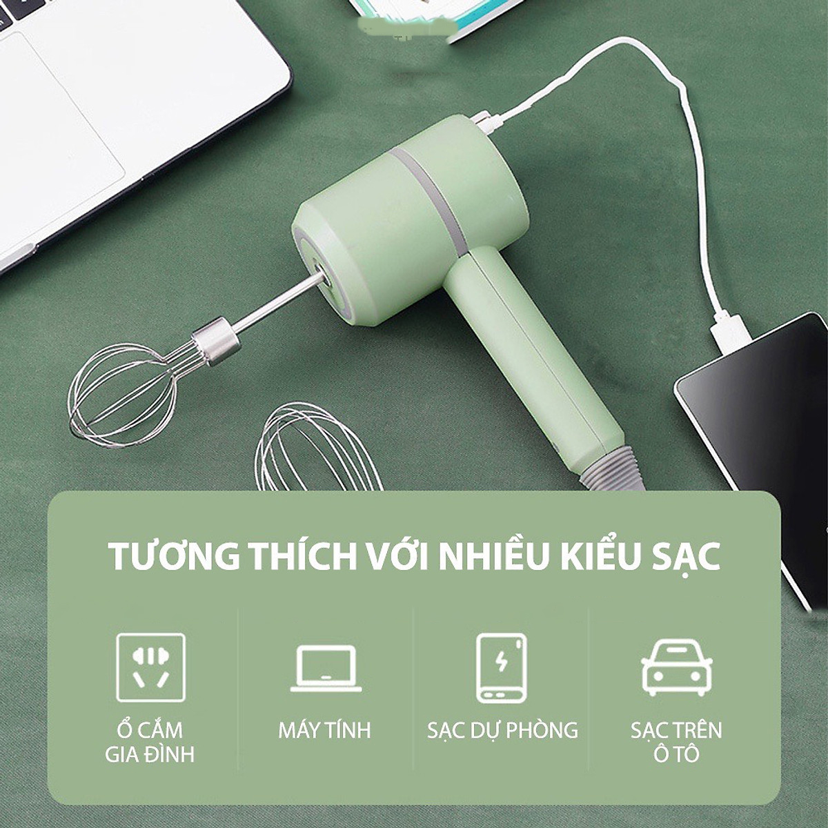 Máy Đánh Trứng kiêm máy xay thịt, trộn bột mini cầm tay 3 trong 1 sử dụng sạc USB