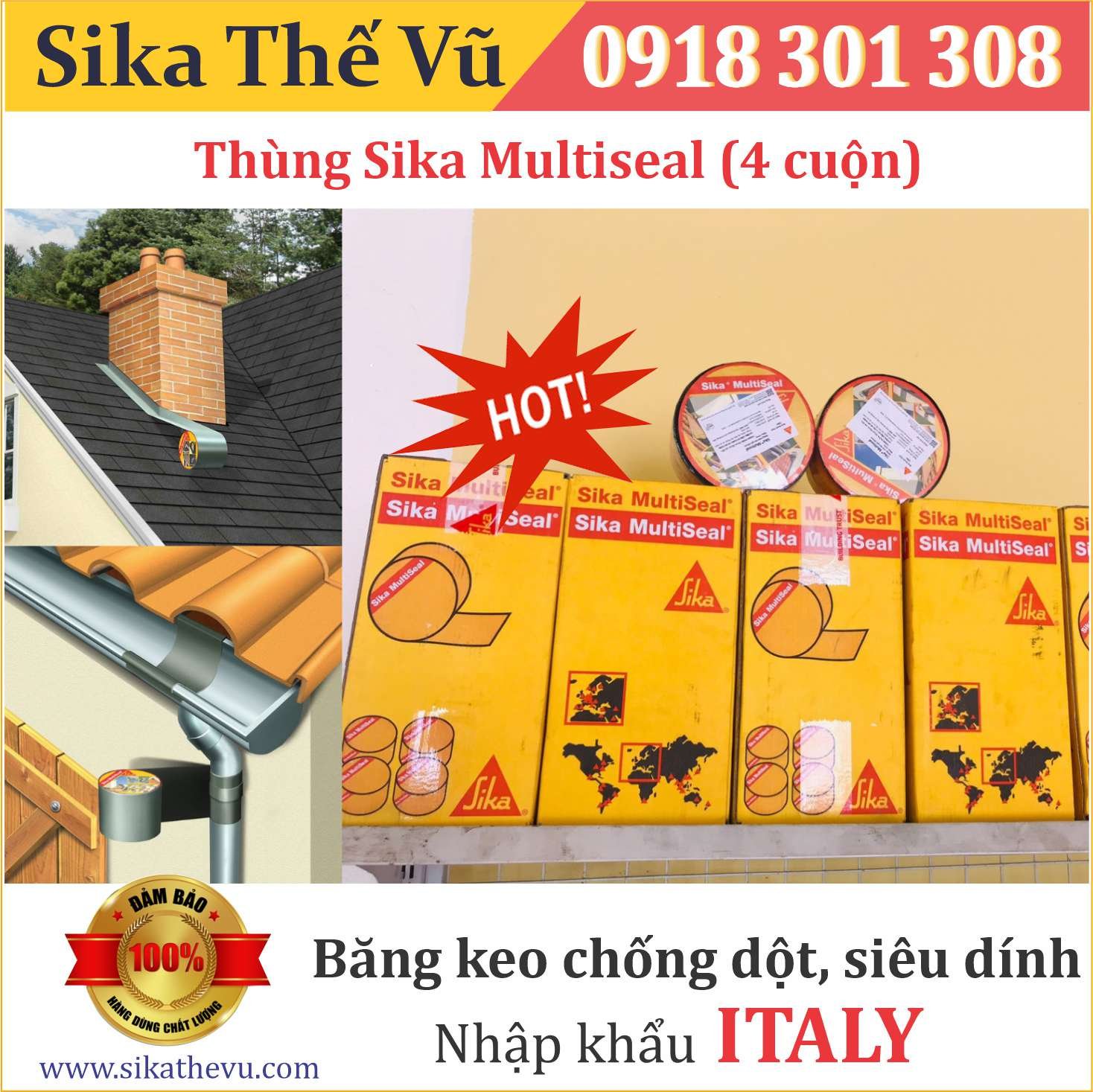 Combo thùng 4 cuộn băng keo chống dột, Chống thấm siêu dính, dùng được trên mọi vật liệu - Sika Multiseal (cuộn 7.5cm x 10m)